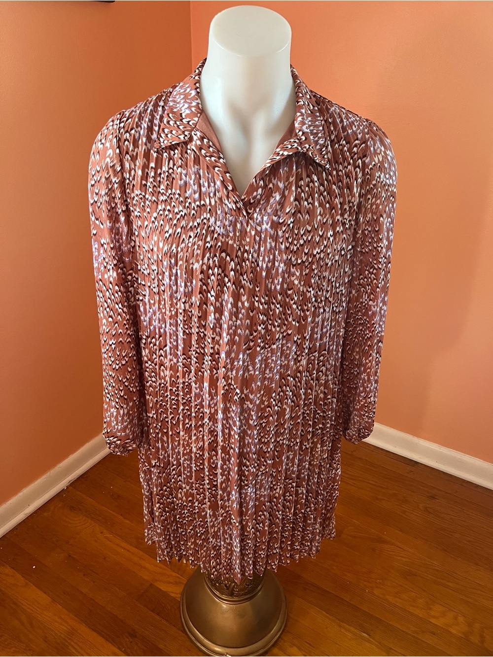 Nine West Rust Patterned Long-Sleeve Pleated Dress